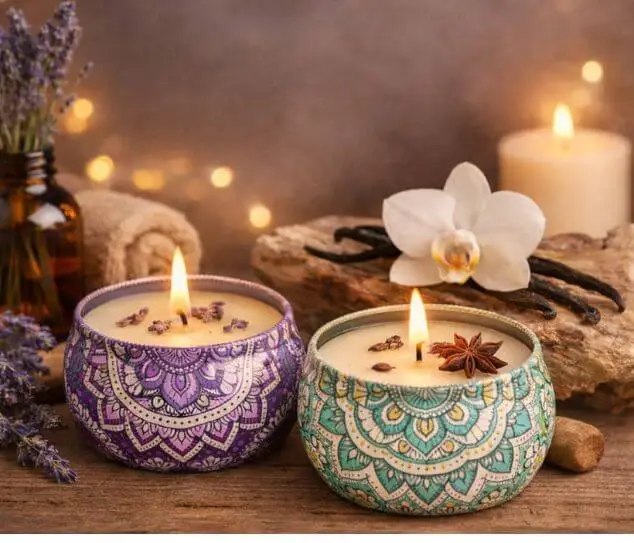 vela aromatica lata mandala harmonia aromatica Vela aromática artesanal em lata mandala decorativa, acesa em ambiente acolhedor com iluminação quente.